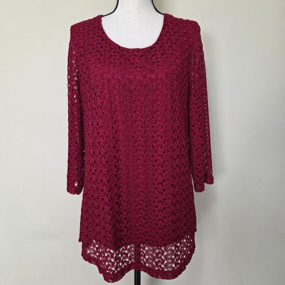 JM Collection XL Crochet Overlay Pullover 3/4 Sleeve Tunic Top Blouse Red